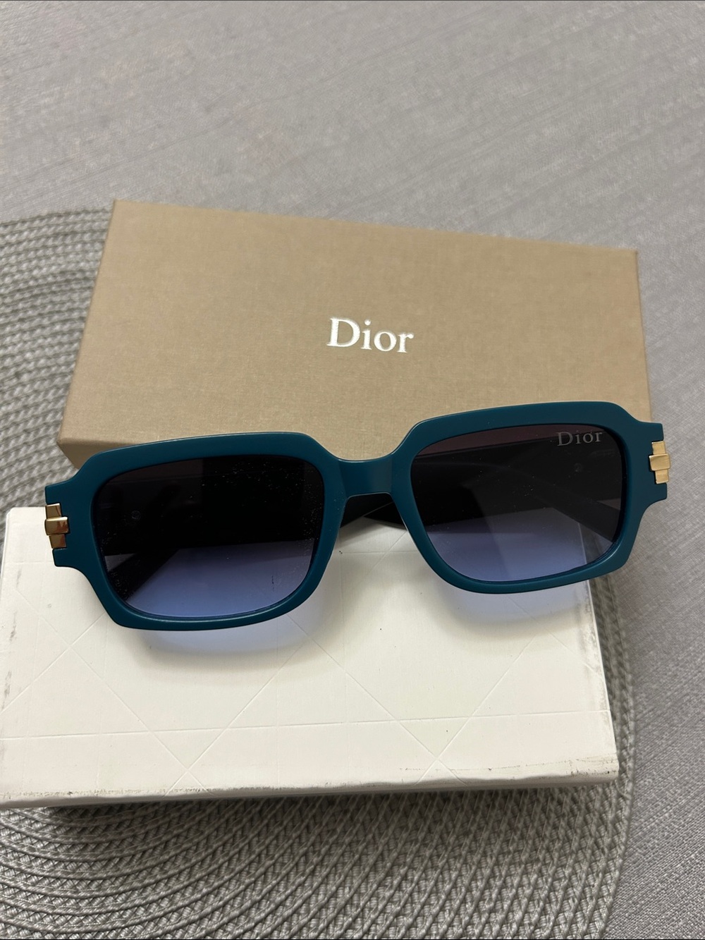 Dior Men's Teal Rectangular Sunglasses with Gold Accents
